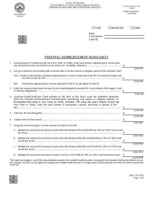 Form 2028-EE Parental Reimbursement Worksheet - Nevada