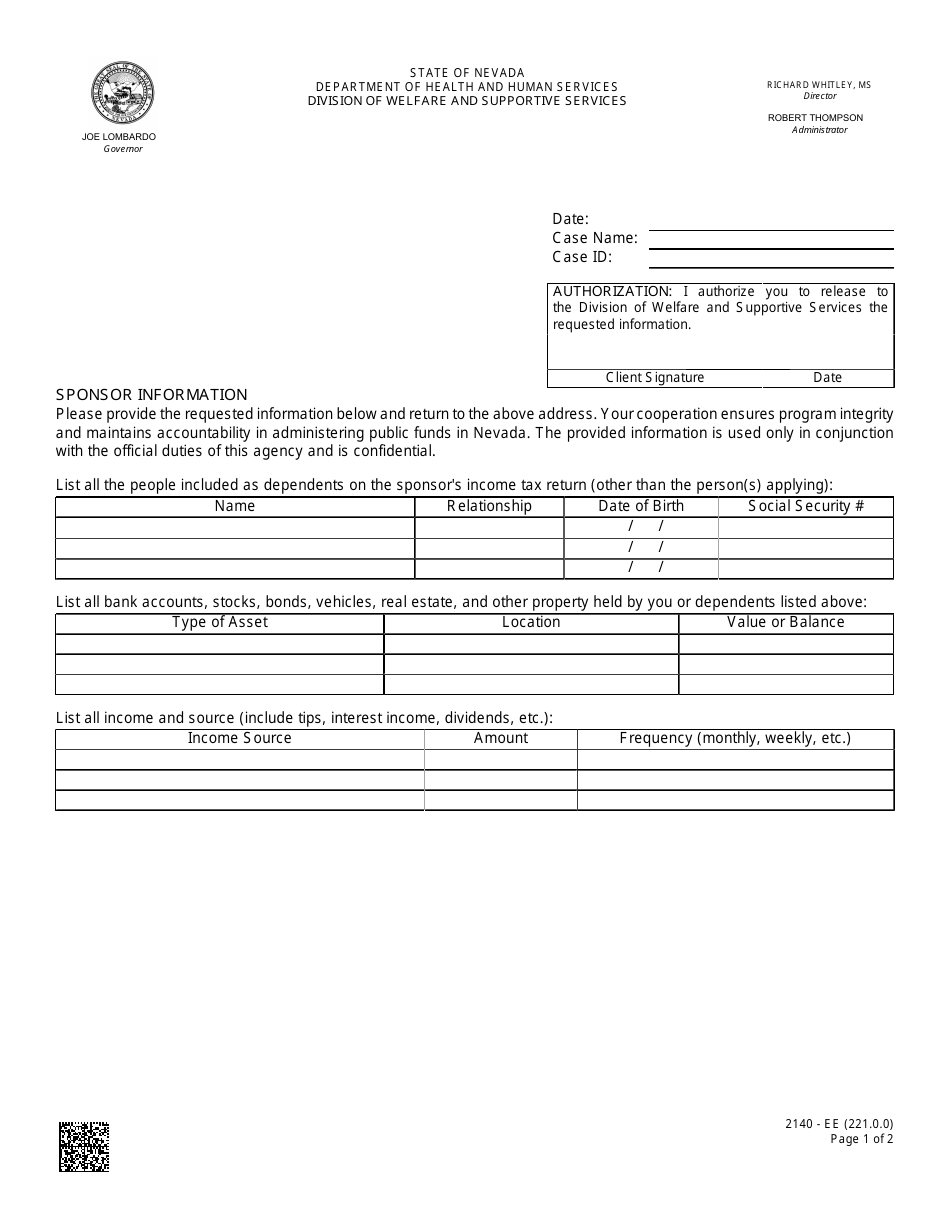 Form 2140-EE Sponsor Information - Nevada, Page 1