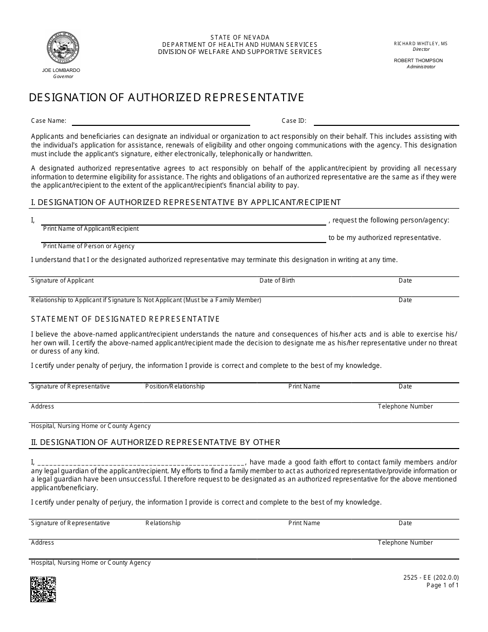 Form 2525-EE Designation of Authorized Representative - Nevada, Page 1