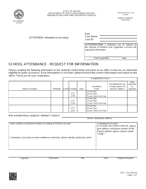 Form 2257-EG School Attendance - Request for Information - Nevada