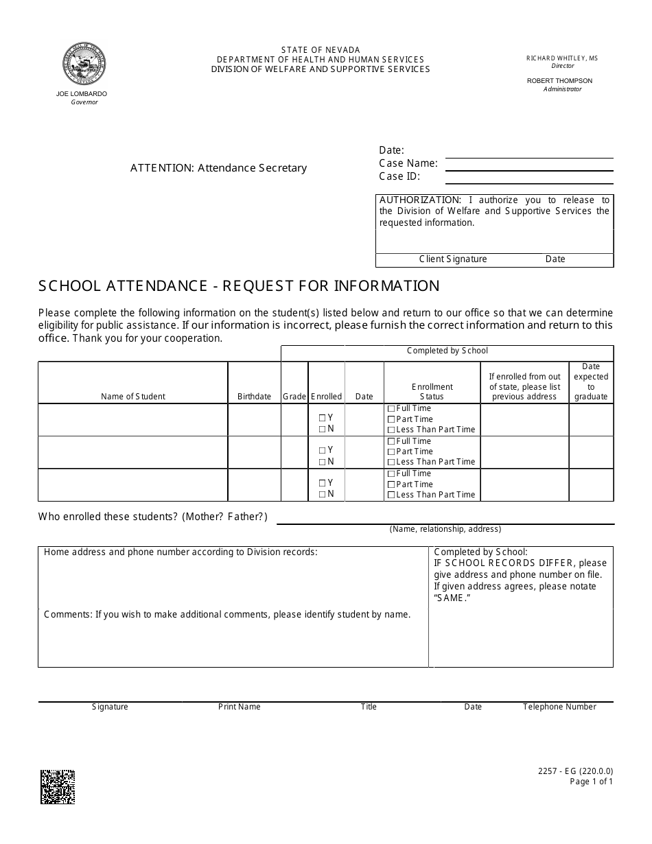 Form 2257-EG School Attendance - Request for Information - Nevada, Page 1