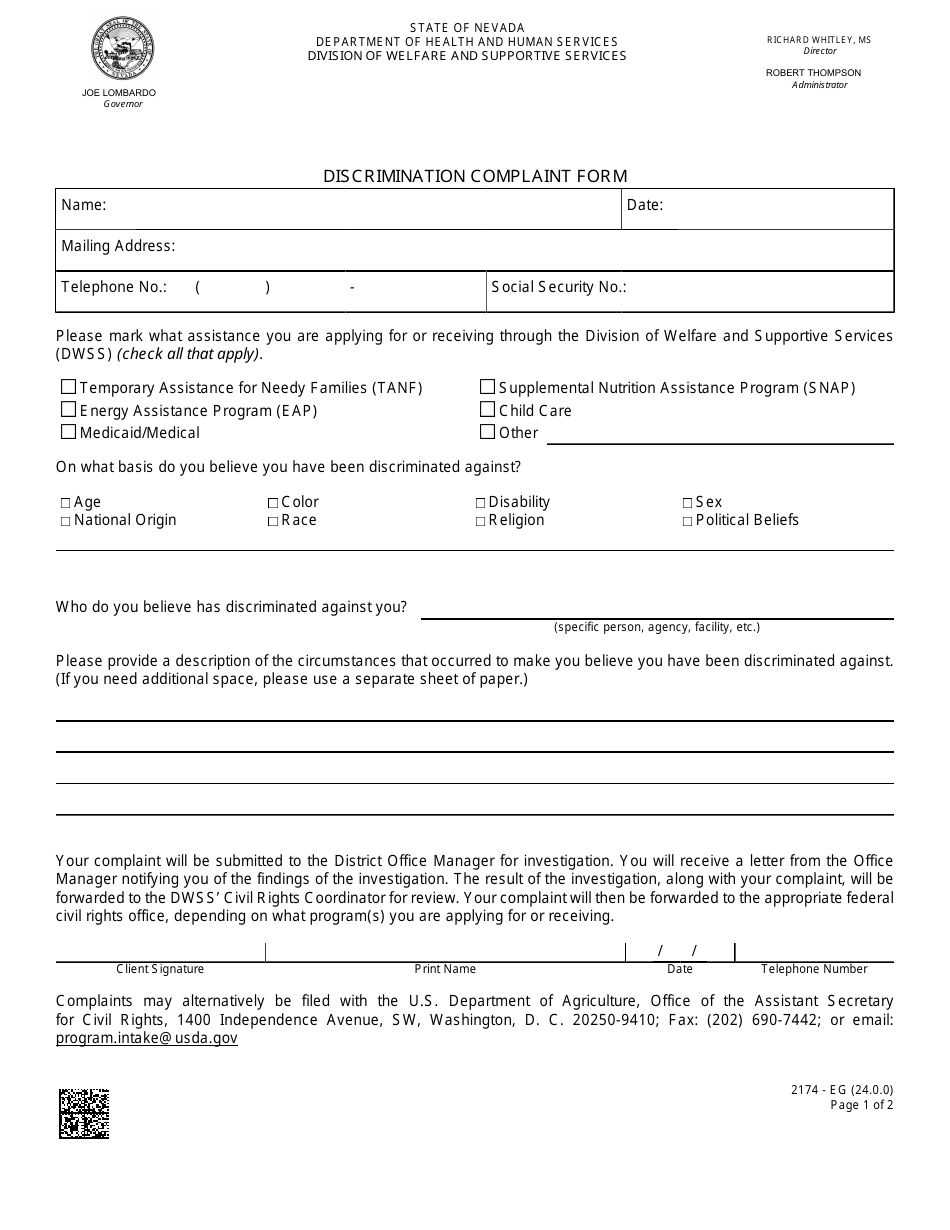 Form 2174-EG Discrimination Complaint Form - Nevada, Page 1