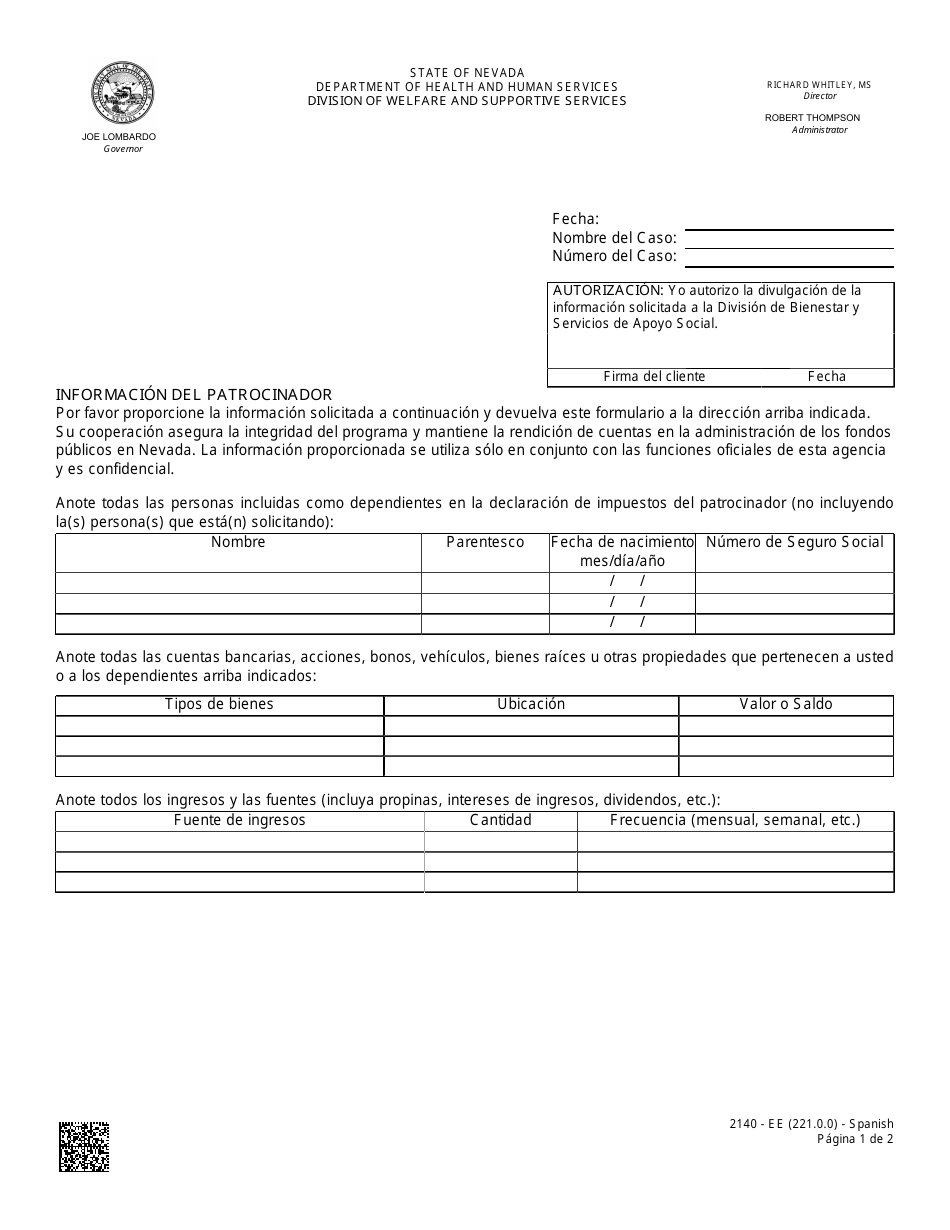 Formulario 2140-EES Informacion Del Patrocinador - Nevada (Spanish), Page 1