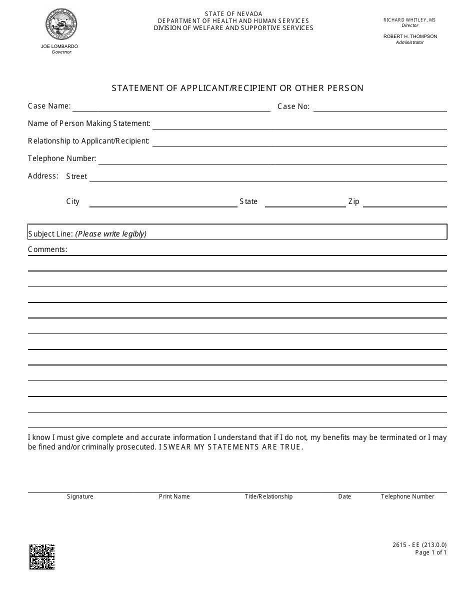 Form 2615-EE Statement of Applicant / Recipient or Other Person - Nevada, Page 1