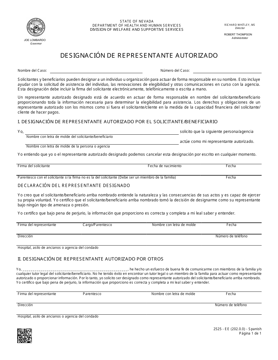 Formulario 2525-EE Designacion De Representante Autorizado - Nevada (Spanish), Page 1