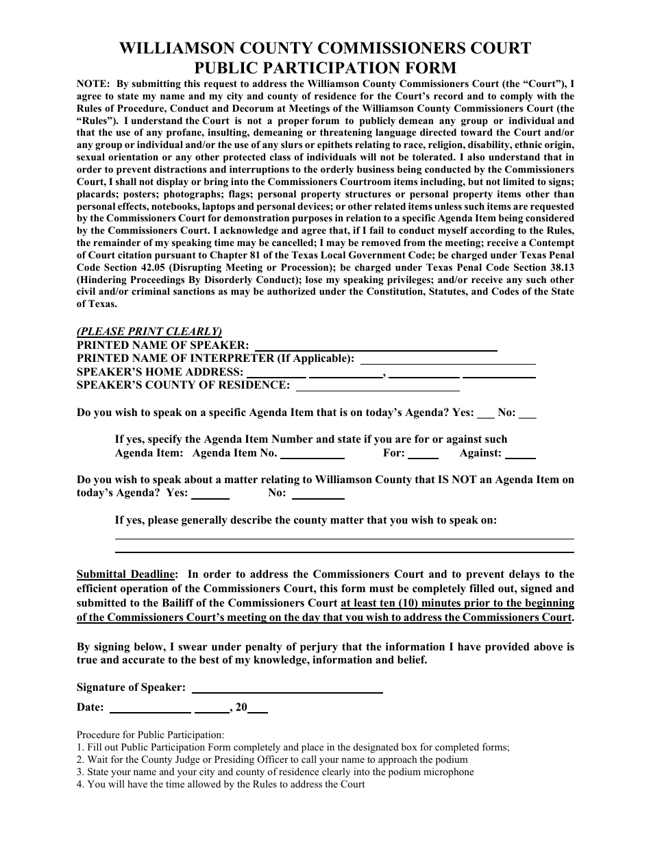 Public Participation Form - Williamson County, Texas, Page 1