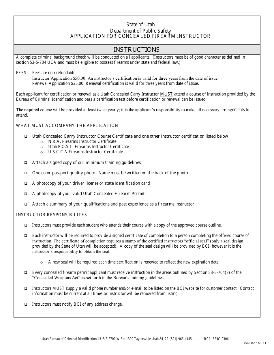 Application for Concealed Firearm Instructor - Utah, Page 1