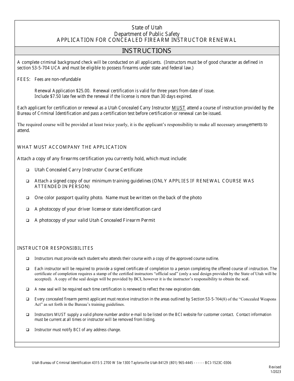 Application for Concealed Firearm Instructor Renewal - Utah, Page 1