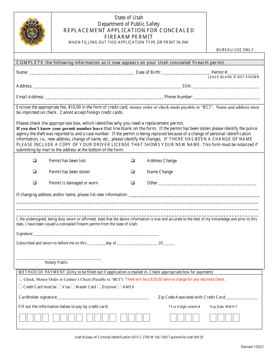 Replacement Application for Concealed Firearm Permit - Utah, Page 1