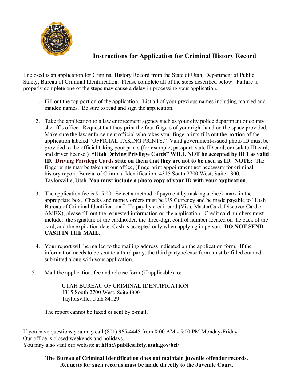 Application for Criminal History Record - Utah, Page 1