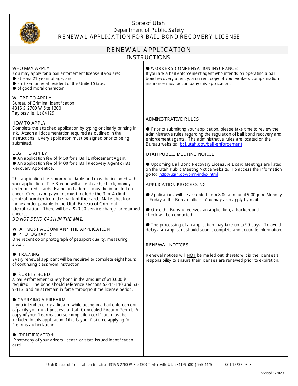 Renewal Application for Bail Enforcement Licensing - Utah, Page 1