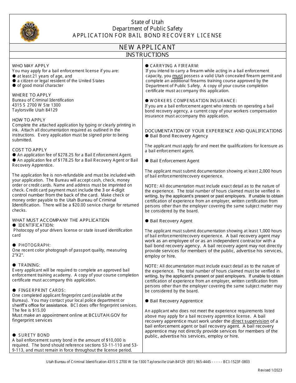 Application for Bail Enforcement Licensing - Utah, Page 1