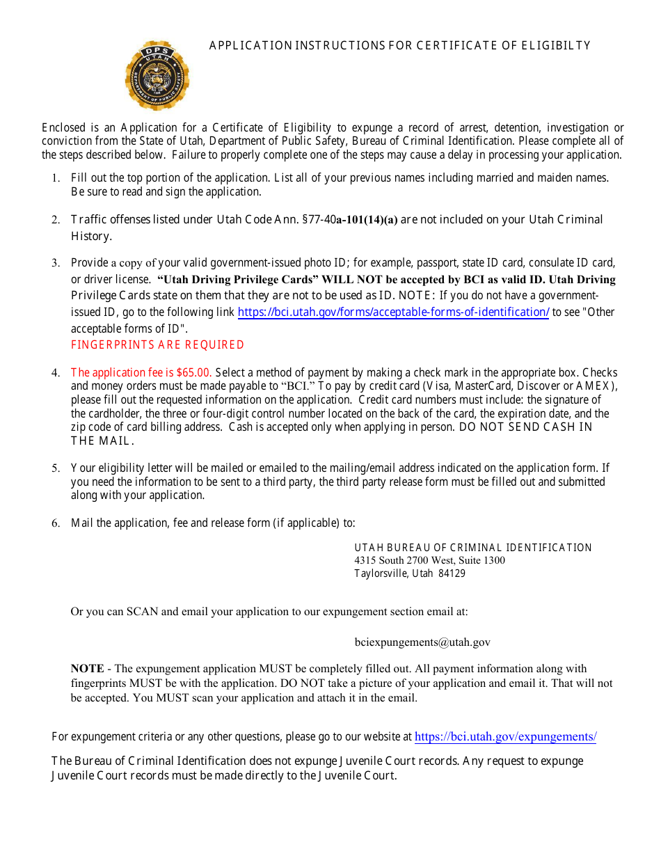 Application for Certificate of Eligibility - Utah, Page 1