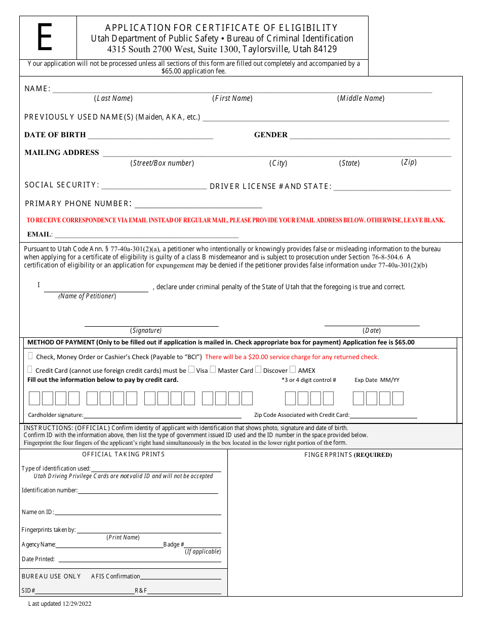 Application for Certificate of Eligibility - Utah, Page 2