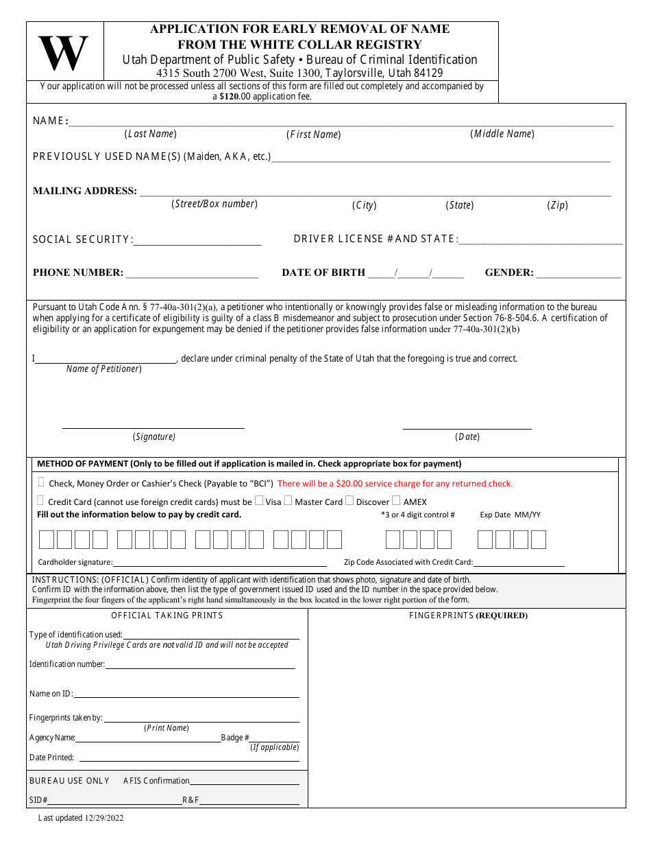 Application for Early Removal of Name From the White Collar Registry - Utah, Page 2