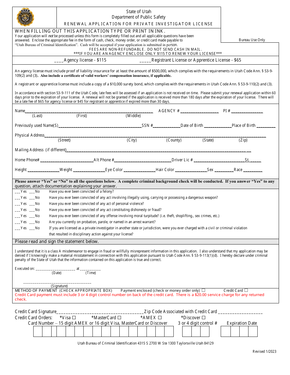 Renewal Application for Private Investigator License - Utah, Page 1