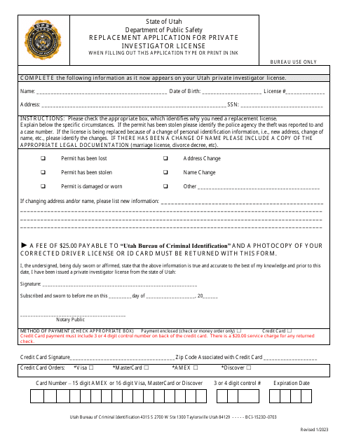 Replacement Application for Private Investigator License - Utah