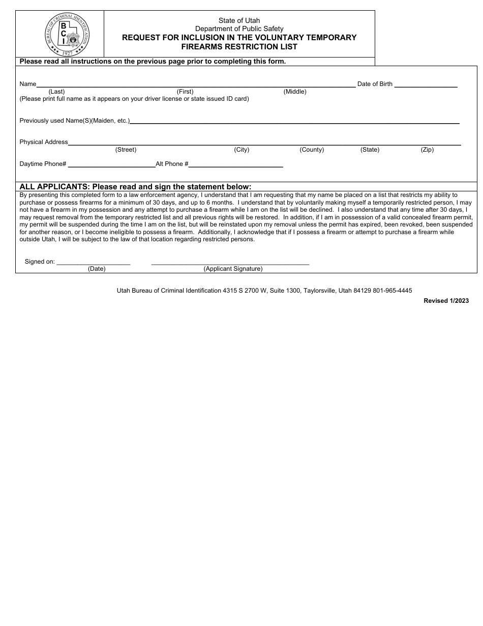 Request for Inclusion in the Voluntary Temporary Firearms Restriction List - Utah, Page 2