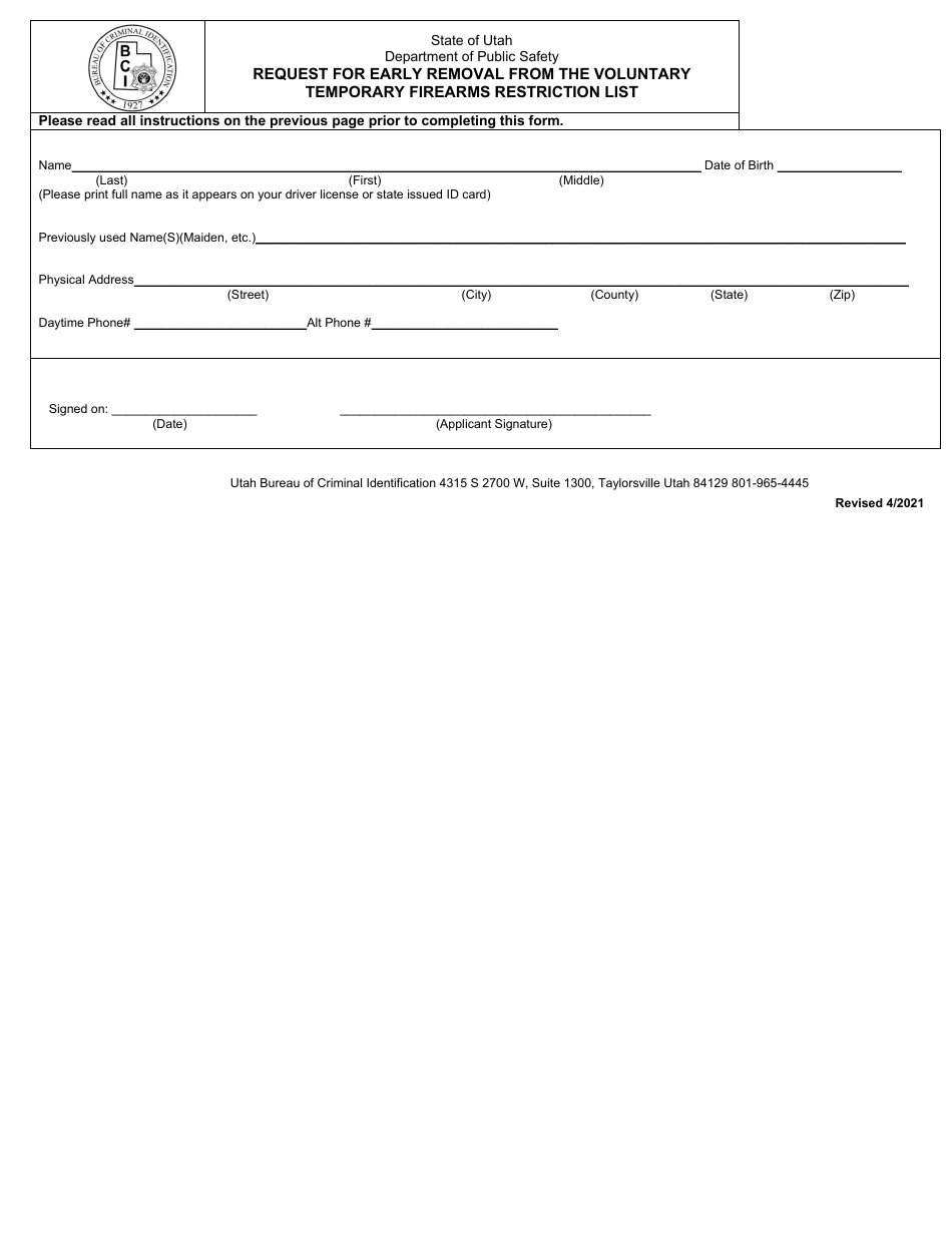 Request for Early Removal From the Voluntary Temporary Firearms Restriction List - Utah, Page 2