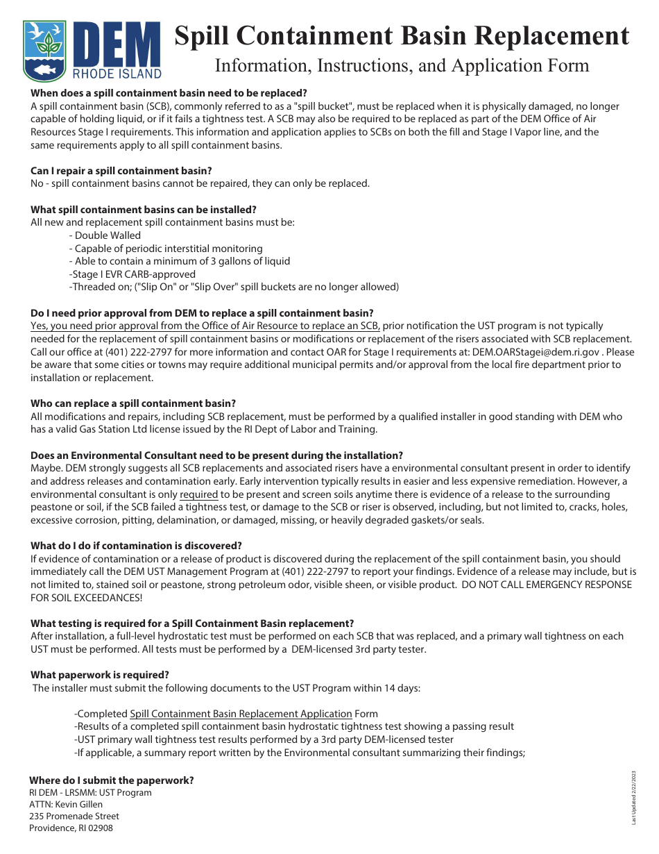 Rhode Island Spill Containment Basin (Spill Bucket) Replacement Form