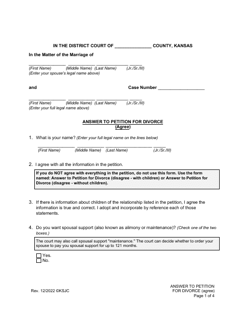 Answer to Petition for Divorce (Agree) - Kansas Download Pdf