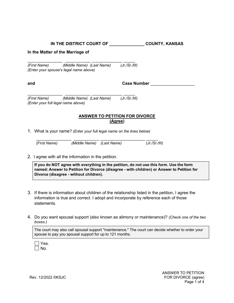 Kansas Answer to Petition for Divorce (Agree) - Fill Out, Sign Online ...