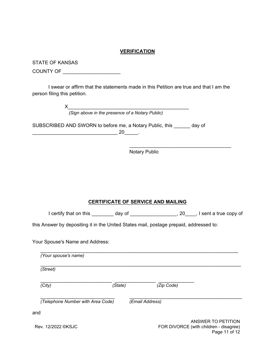 Answer to Petition for Divorce (Disagree) (With Children) - Kansas, Page 11