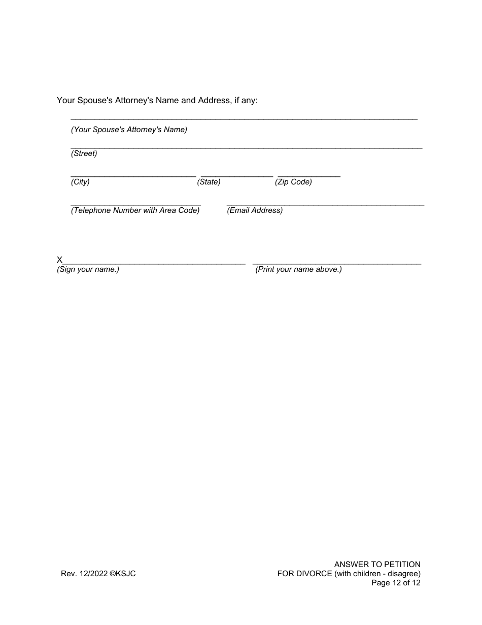 Answer to Petition for Divorce (Disagree) (With Children) - Kansas, Page 12