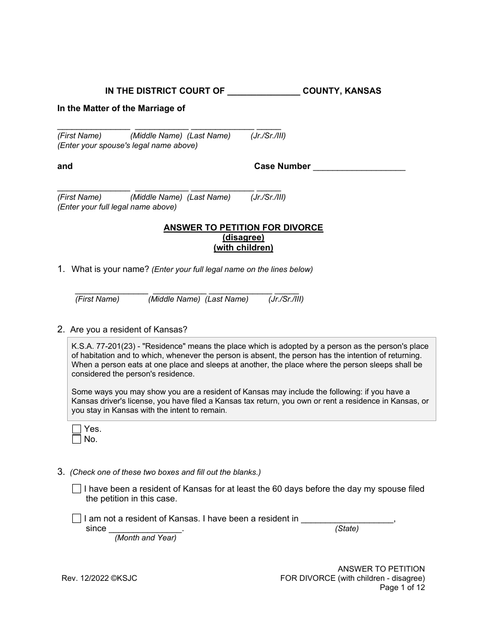 Answer to Petition for Divorce (Disagree) (With Children) - Kansas, Page 1