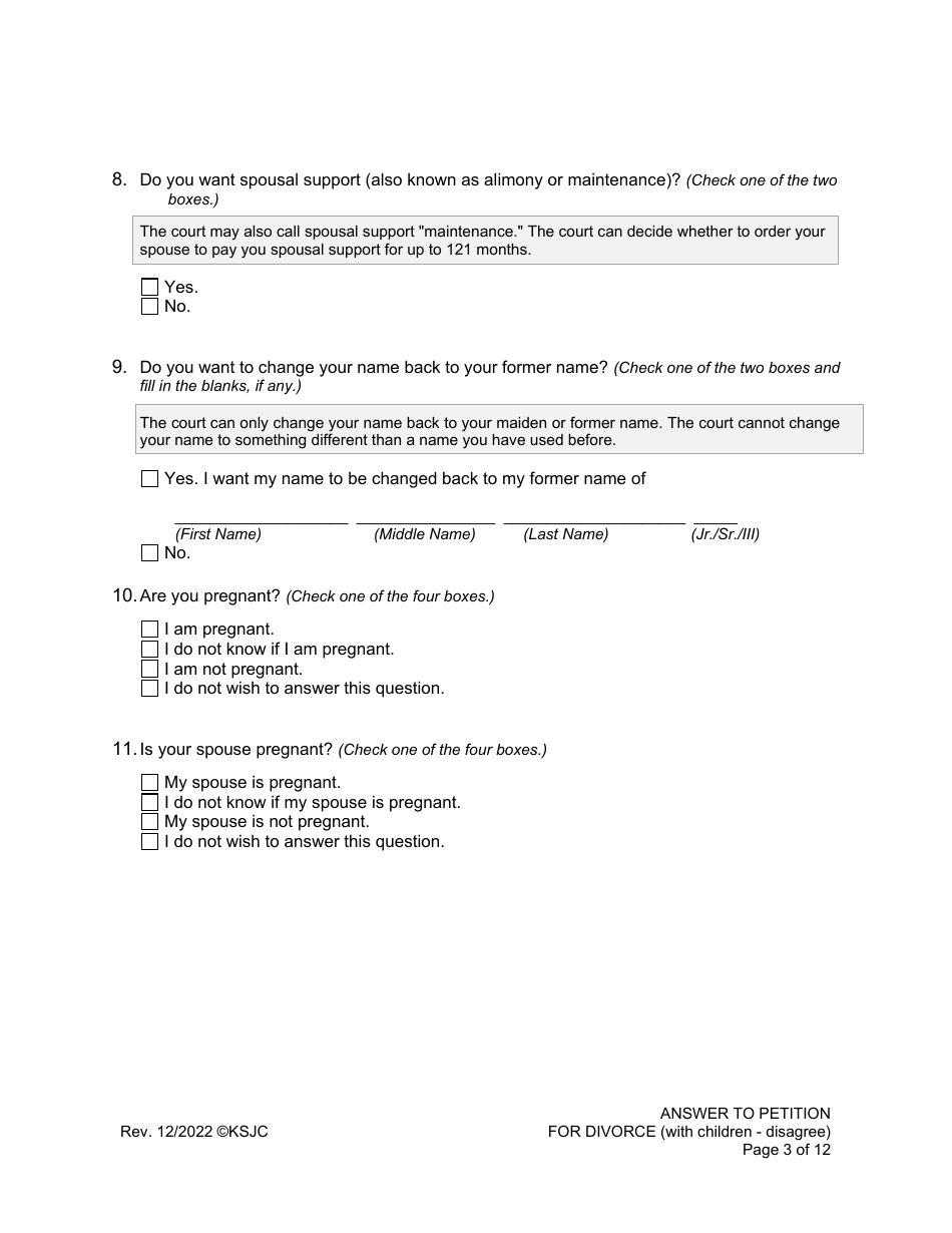 Answer to Petition for Divorce (Disagree) (With Children) - Kansas, Page 3