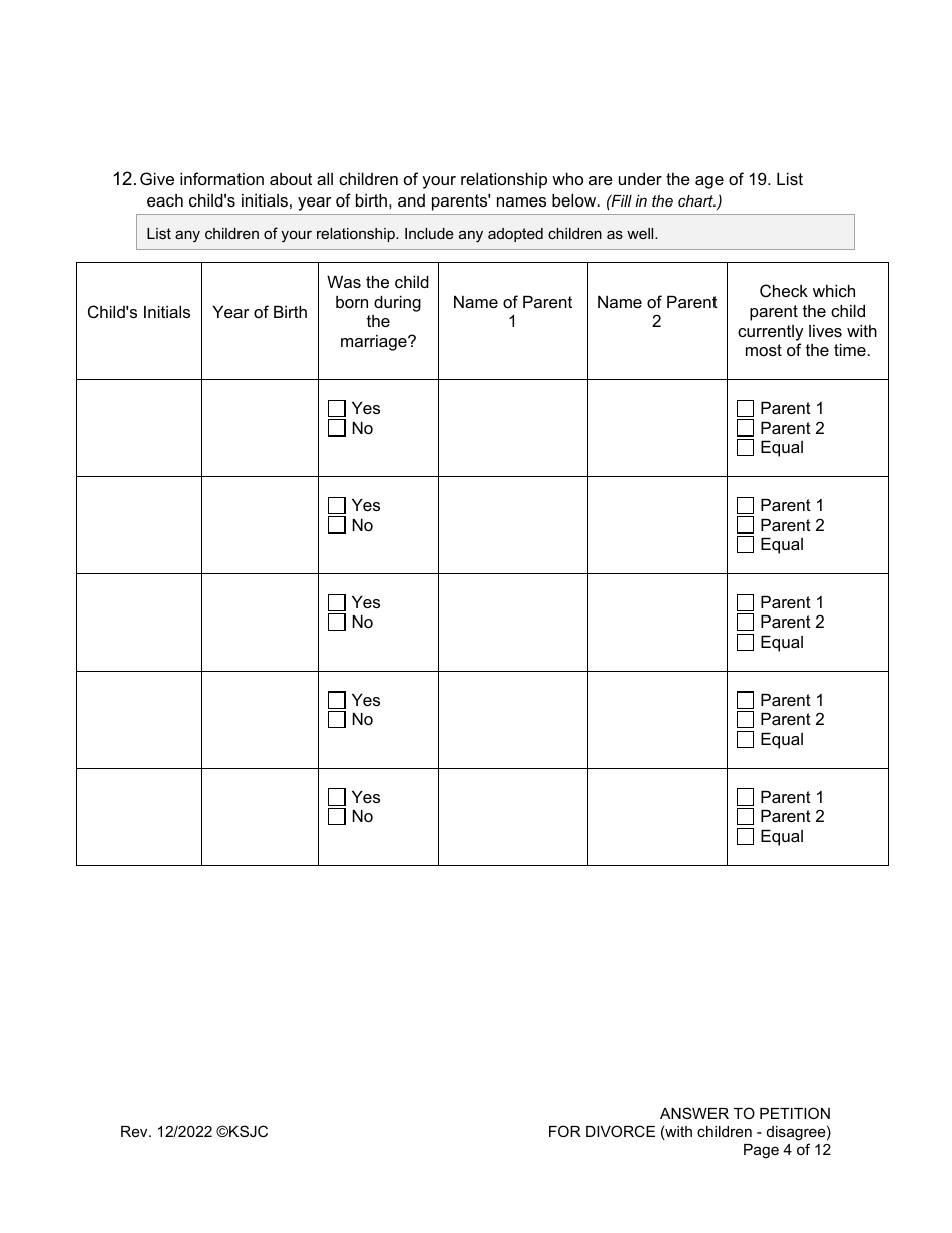 Answer to Petition for Divorce (Disagree) (With Children) - Kansas, Page 4