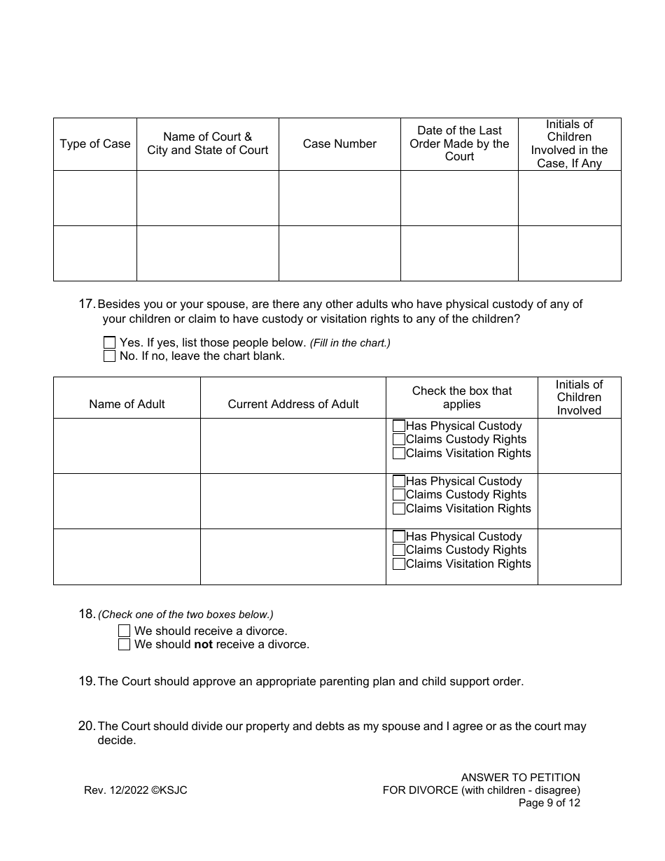 Answer to Petition for Divorce (Disagree) (With Children) - Kansas, Page 9