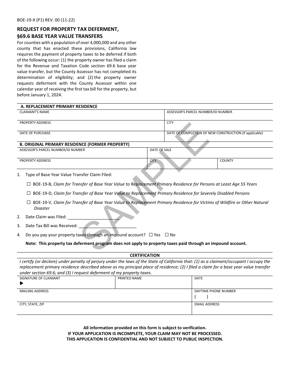 Form BOE-19-X Request for Property Tax Deferment, 69.6 Base Year Value Transfers - Sample - California, Page 1