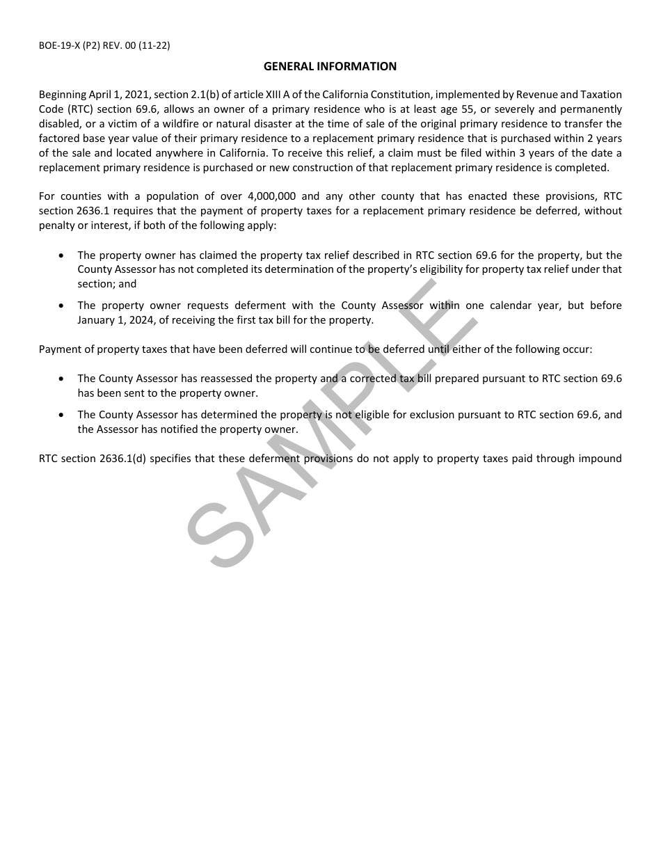 Form BOE-19-X Request for Property Tax Deferment, 69.6 Base Year Value Transfers - Sample - California, Page 2