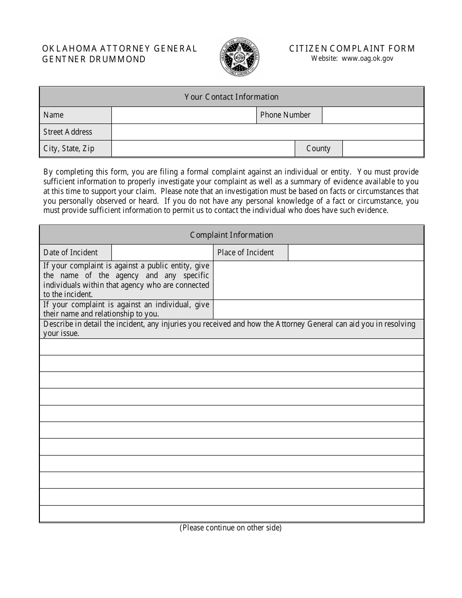 Citizen Complaint Form - Oklahoma, Page 1