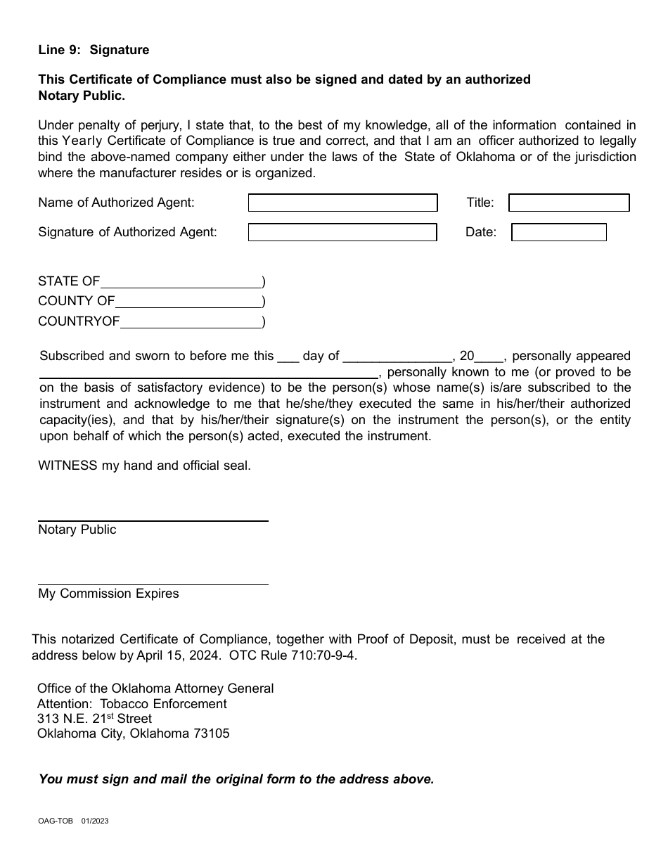Non-participating Tobacco Manufacturers Certificate of Compliance With Yearly Escrow Payment Requirement on Sales - Oklahoma, Page 3