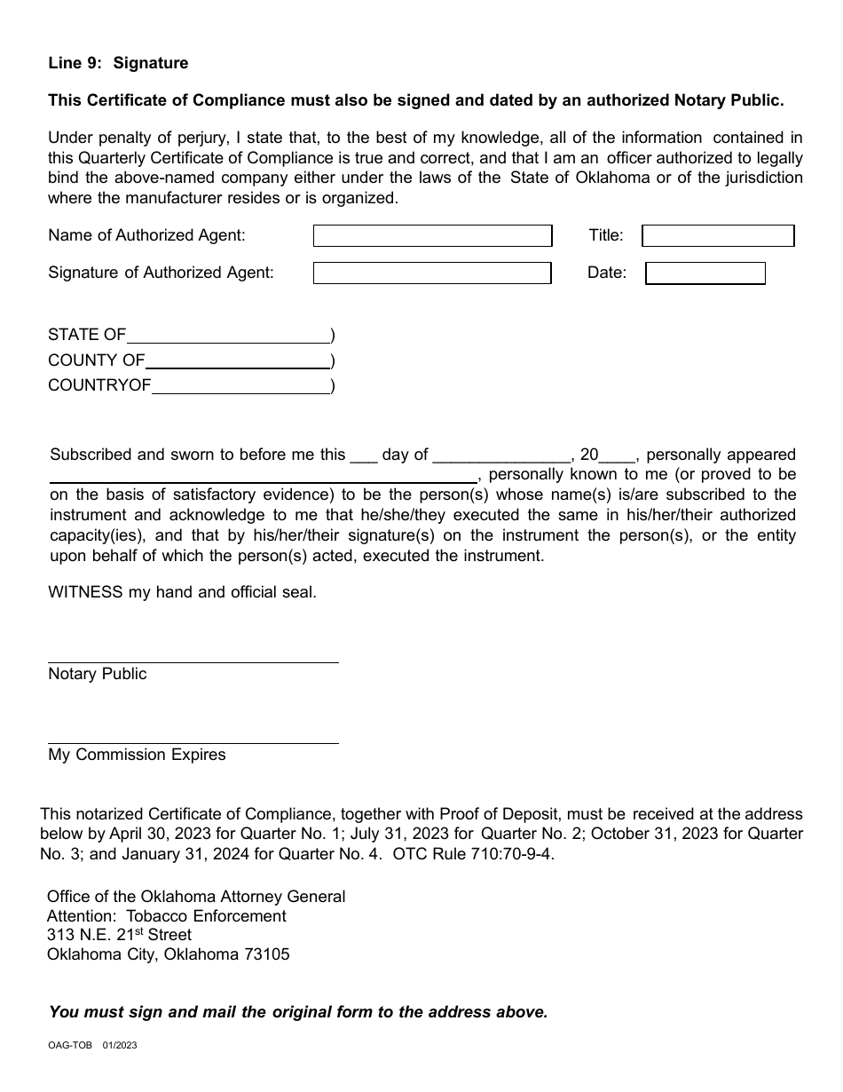 Non-participating Tobacco Manufacturers Certificate of Compliance With Quarterly Escrow Payment Requirement on Sales - Oklahoma, Page 3