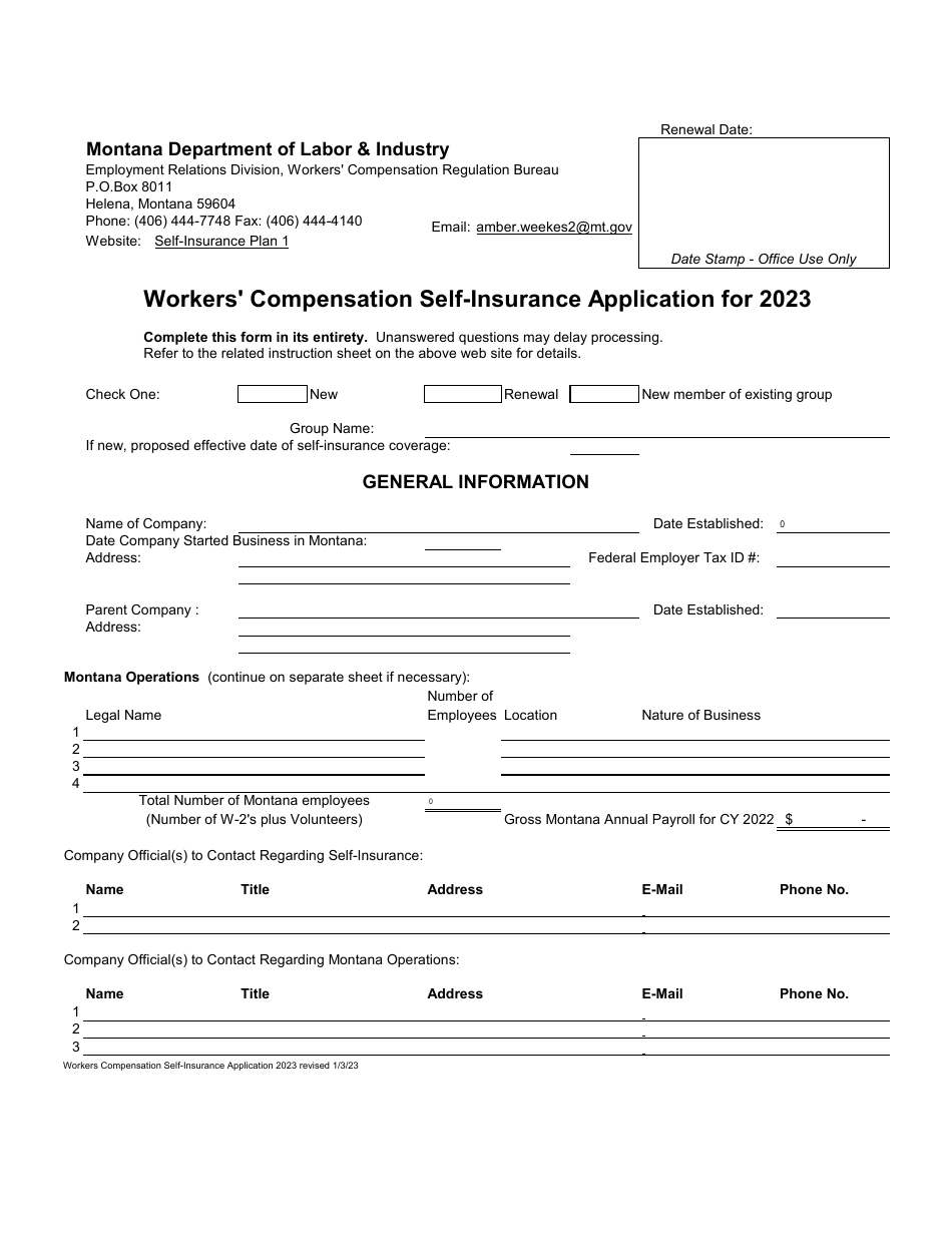 Workers Compensation Self-insurance Application - Montana, Page 1