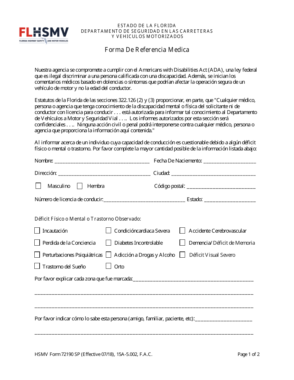 HSMV Formulario 72190 Forma De Referencia Medica - Florida (Spanish), Page 1