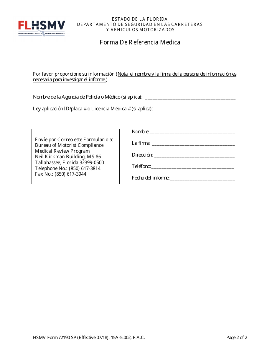 HSMV Formulario 72190 Forma De Referencia Medica - Florida (Spanish), Page 2