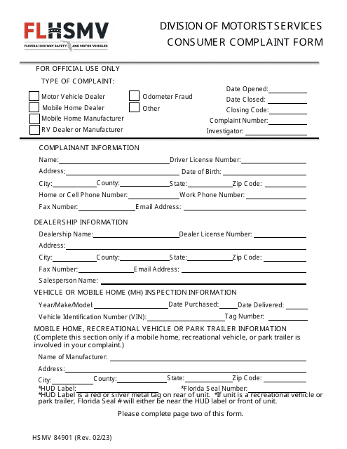 HSMV Form 84901 Consumer Complaint Form - Florida