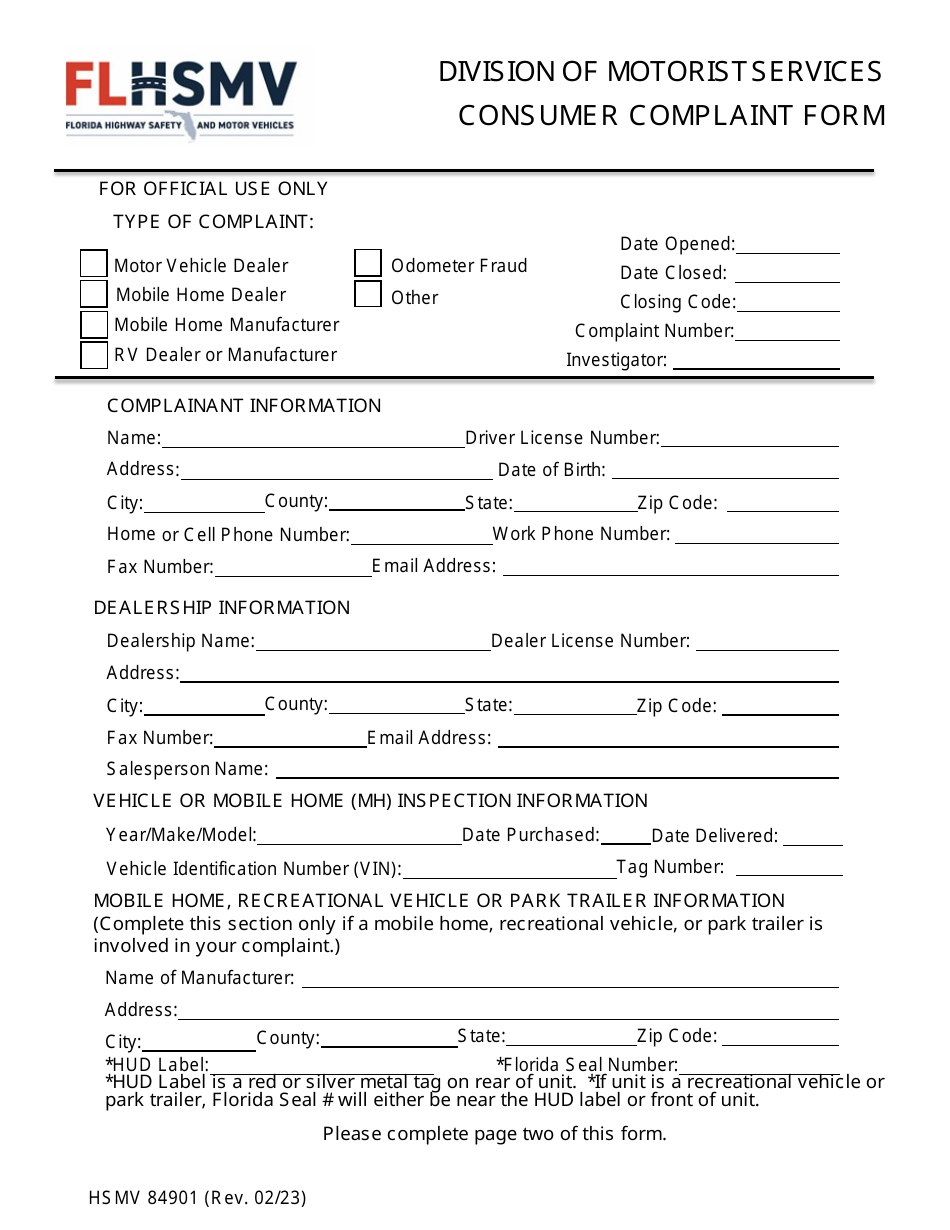 HSMV Form 84901 Consumer Complaint Form - Florida, Page 1