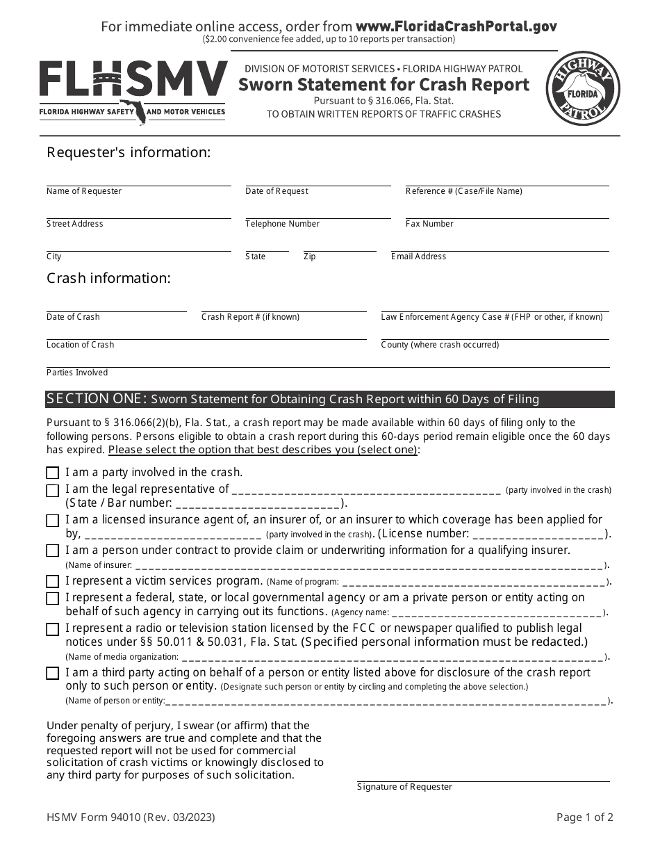 HSMV Form 94010 Sworn Statement for Crash Report - Florida, Page 1