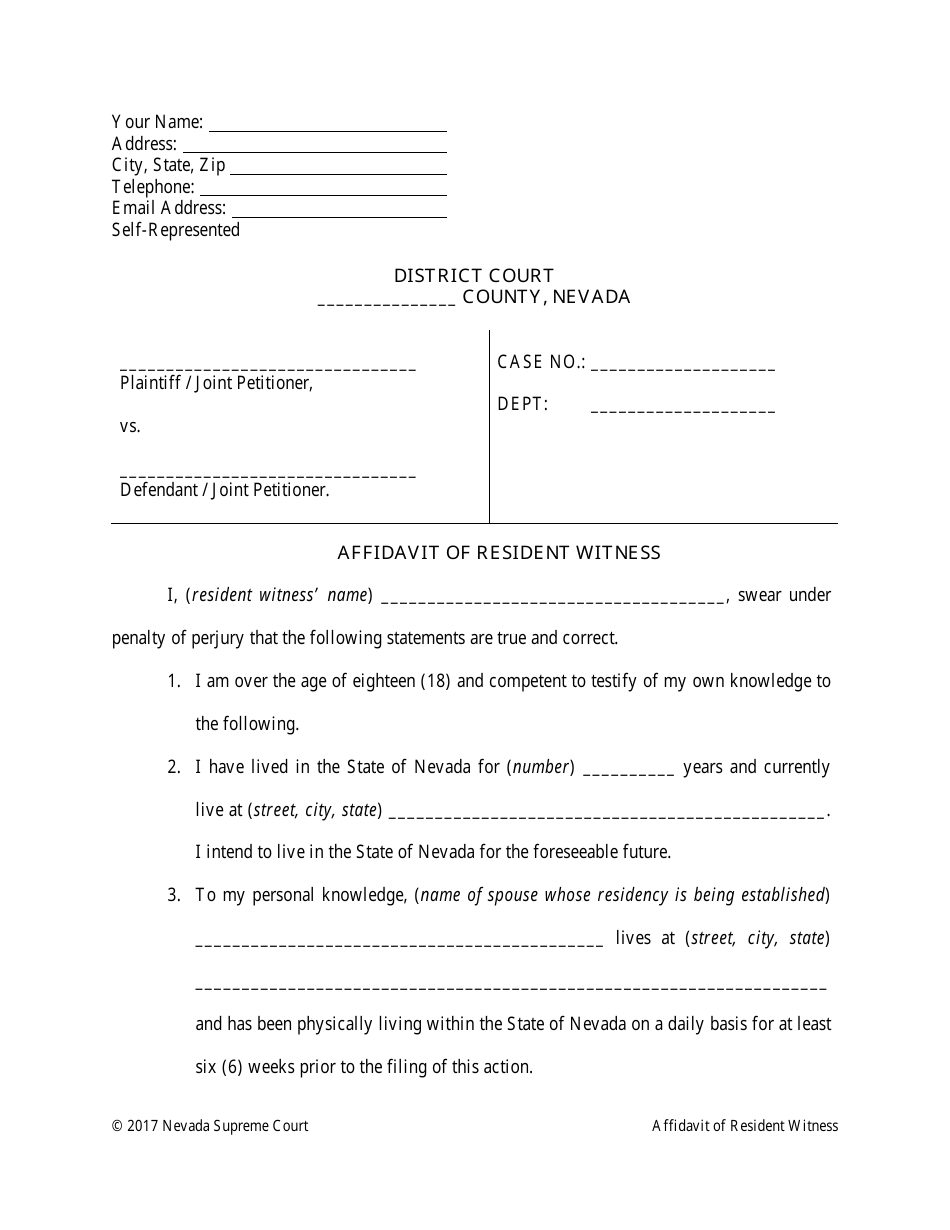 Nevada Affidavit of Resident Witness - Fill Out, Sign Online and ...