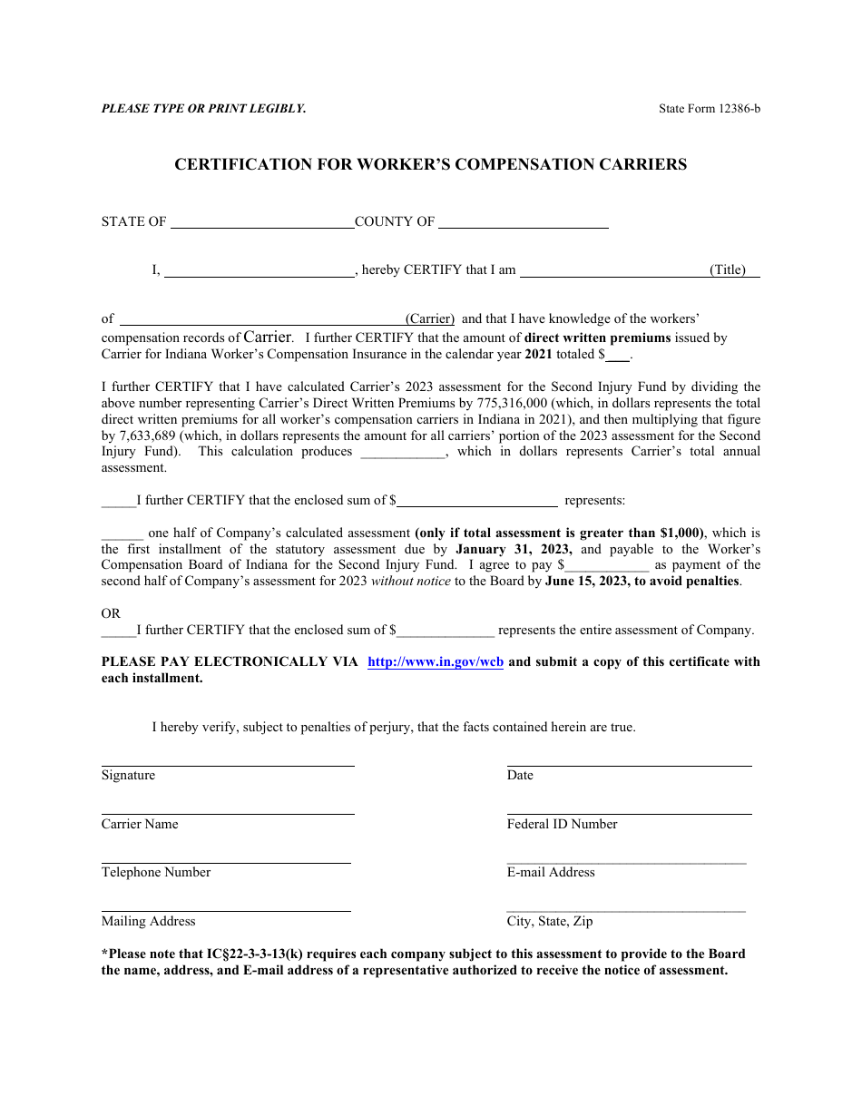 State Form 12386-B Certification for Workers Compensation Carriers - Indiana, Page 1