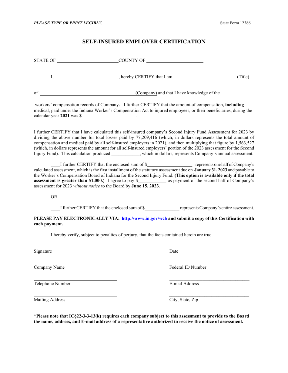 State Form 12386 Self-insured Employer Certification - Indiana, Page 1