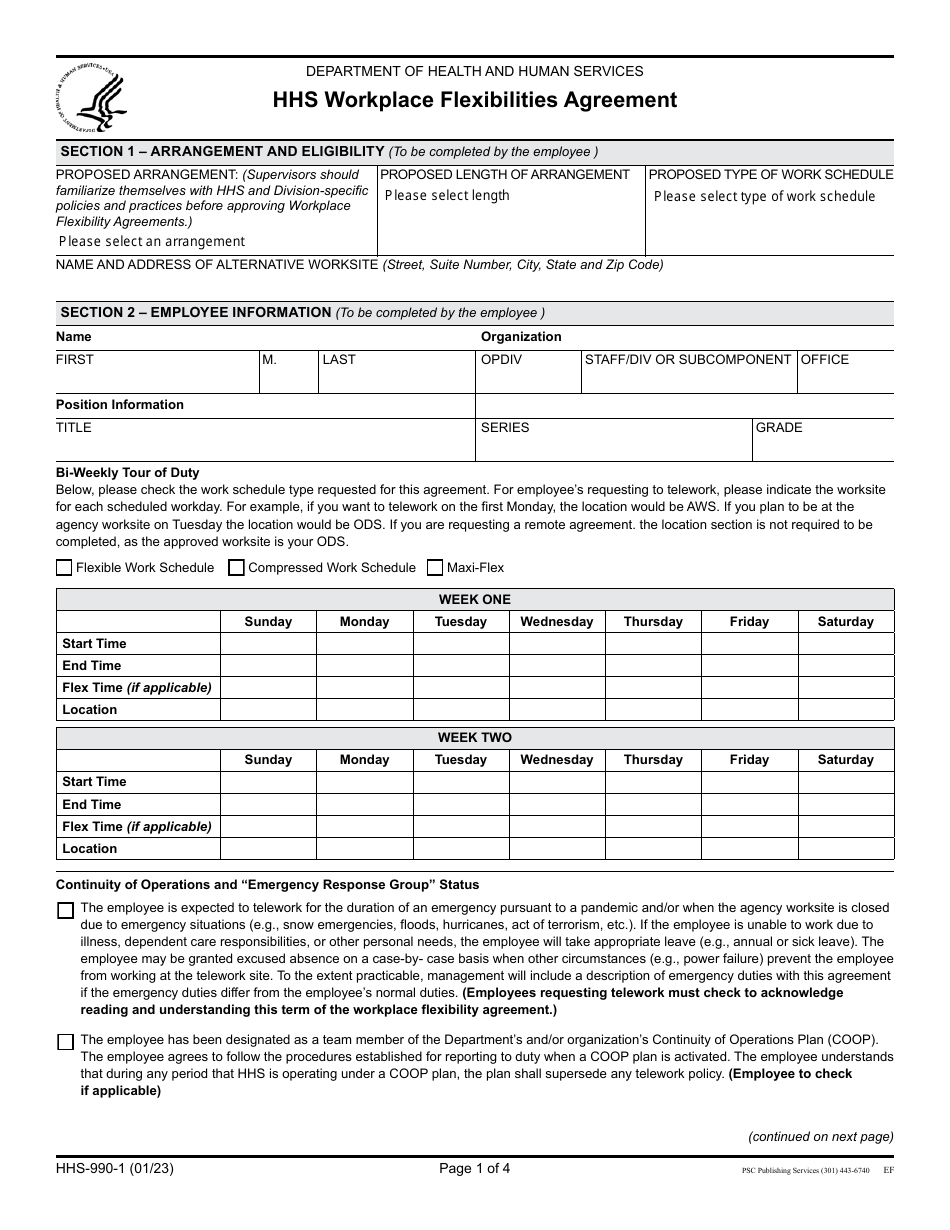 Form HHS-990-1 Hhs Workplace Flexibilities Agreement, Page 1