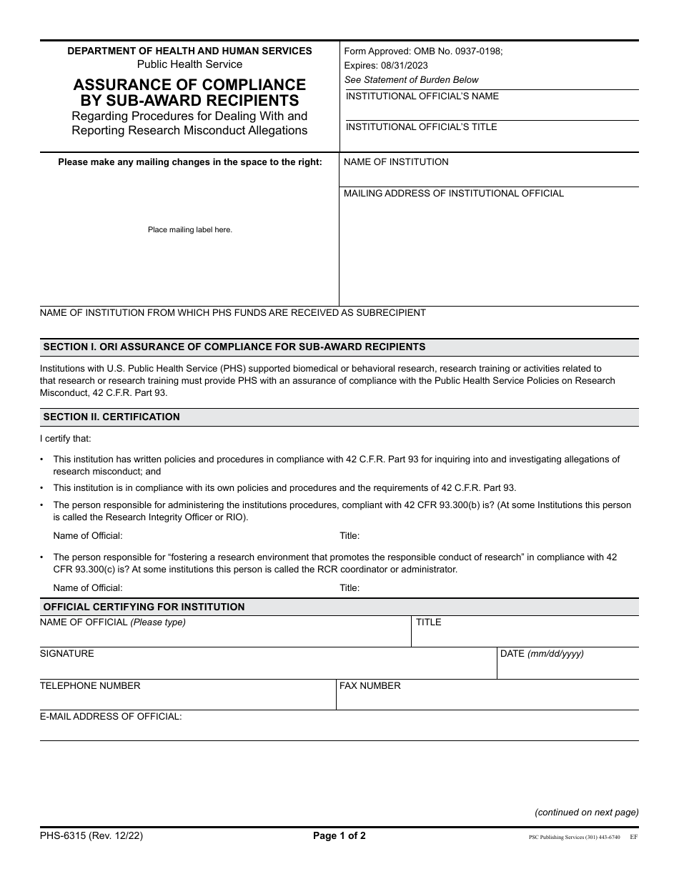 Form PHS-6315 Assurance of Compliance by Sub-award Recipients Regarding Procedures for Dealing With and Reporting Research Misconduct Allegations, Page 1