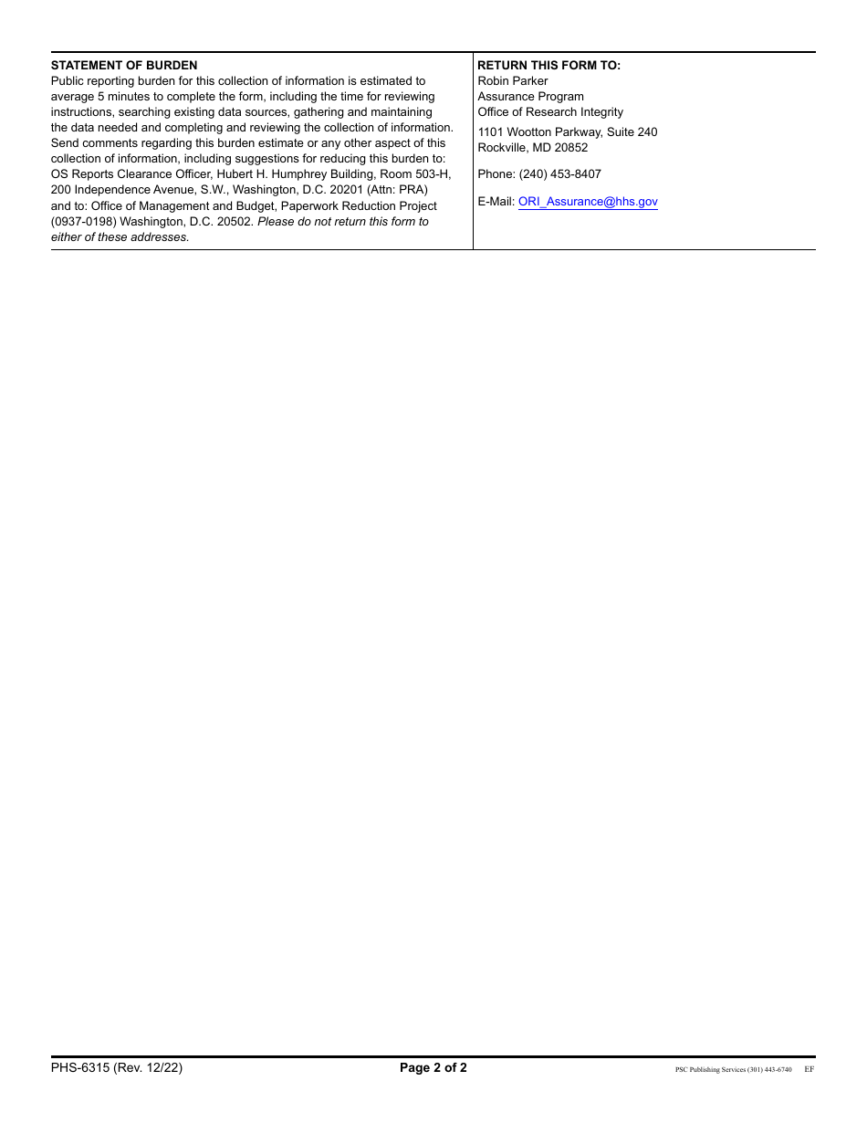 Form PHS-6315 Assurance of Compliance by Sub-award Recipients Regarding Procedures for Dealing With and Reporting Research Misconduct Allegations, Page 2