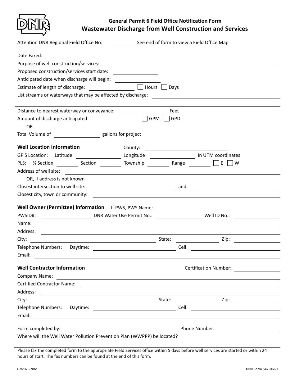 DNR Form 542-0660 General Permit 6 Field Office Notification Form - Wastewater Discharge From Well Construction and Services - Iowa, Page 1
